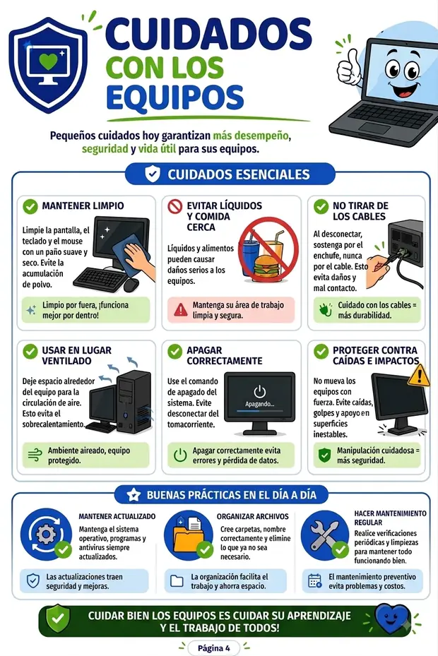 Página del material: Cuidados con los equipos